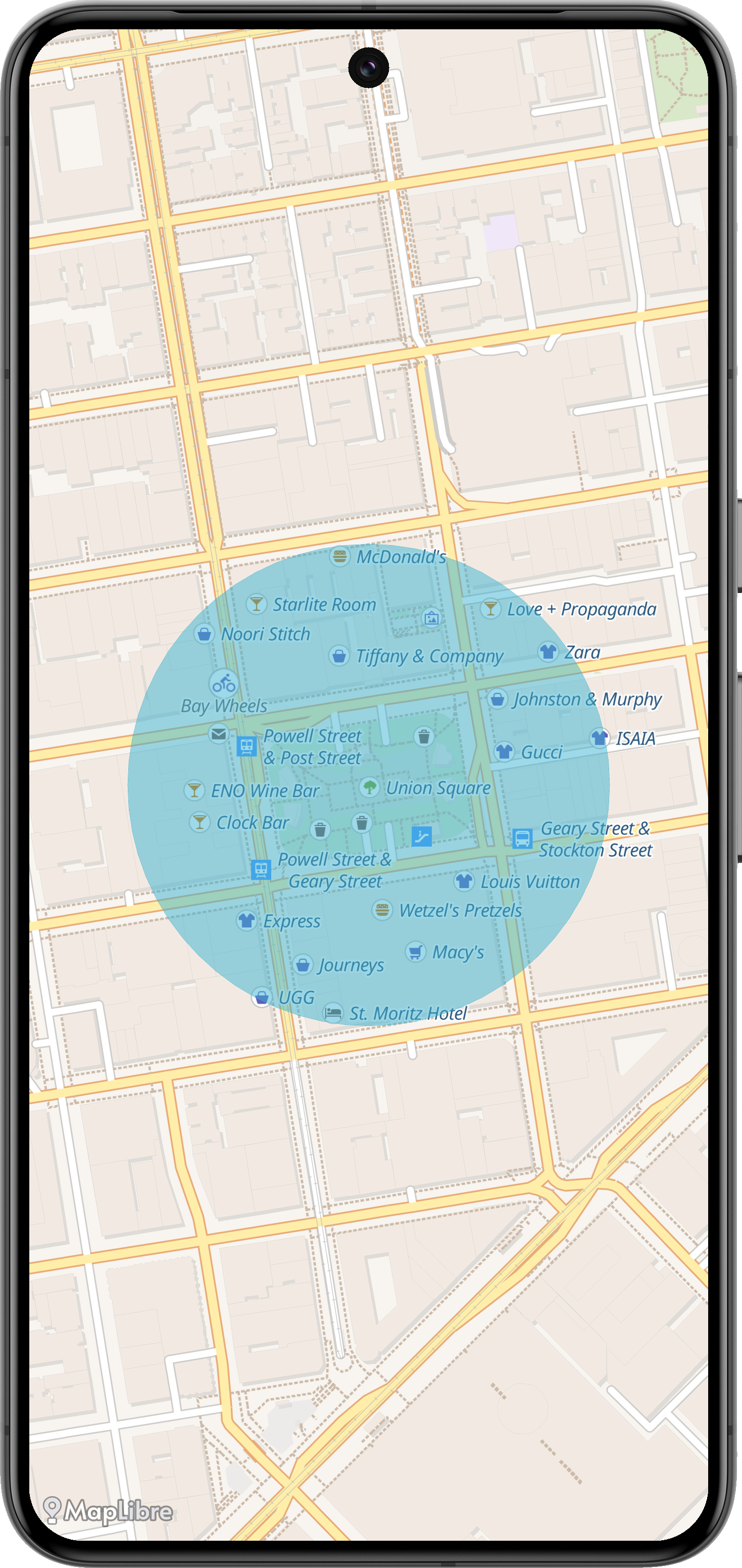 Screenshot of map where only labels inside some circular area are shown