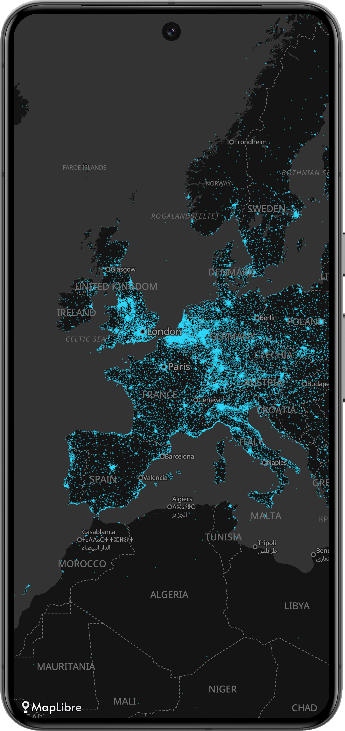 Screenshot of PMTiles based style using Protomaps basemap with Foursquare POIs